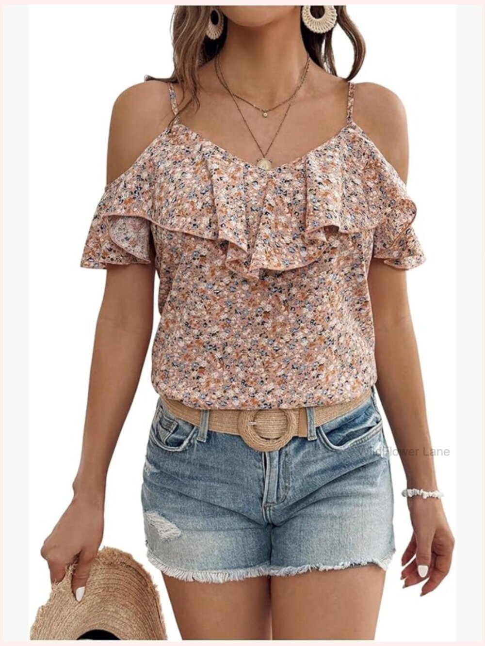 Ruffle Cold Shoulder Floral Boho Blouse Short Sleeve